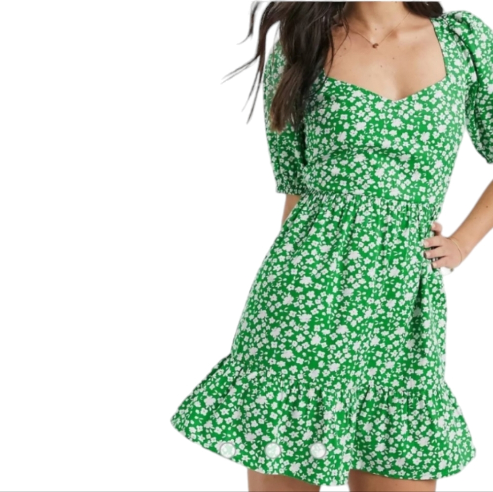 ASOS Design Tiered Mini Dress Puff Sleeves Lace Up Back in Ditsy Floral Print